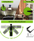 30 Ft Retractable Extension Cord Reel With 16/3 SJTW Heavy Duty Power Cord And Three Outlets, 10 Amp Circuit Breaker, Solid Metal Shell, Ceiling Or Wall Mount, UL Listed setup showing ceiling and wall mount options with 180° swivel bracket.