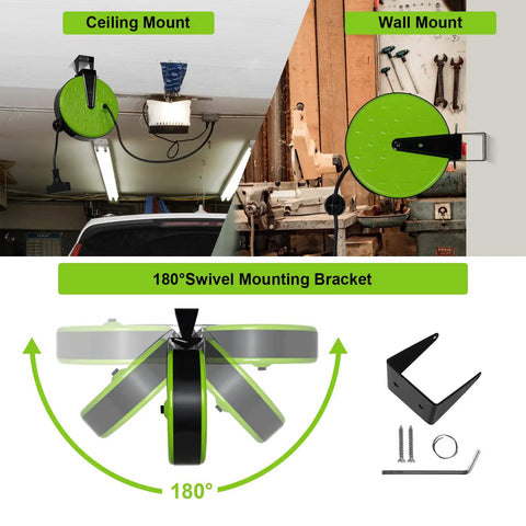 30 Ft Retractable Extension Cord Reel With 16/3 SJTW Heavy Duty Power Cord And Three Outlets, 10 Amp Circuit Breaker, Solid Metal Shell, Ceiling Or Wall Mount, UL Listed setup showing ceiling and wall mount options with 180° swivel bracket.