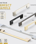 Assorted cabinet handles in various finishes; Matte Black Cabinet Pulls 5 Pack 128mm Upgrade Your Space With Rugged Durable Kitchen Drawer Handles And Vanity Hardware For Bathrooms Closets And Dressers Six Point Three Inch Overall Length And One Point One Inch Projection shown in black.