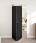 36 By 84 Inch Bifold Barn Door In Textured Black With Vinyl Wrap Two Panel Hollow Core Interior Door With Brushed Gold Hardware Kits Waterproof And Scratch Resistant Easy To Clean Kid Proof And Pet Friendly Great For Closets Pantries And Laundry Rooms installed view