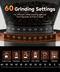 Aaobosi Cordless Burr Coffee Grinder Rechargeable With 60 Settings And Anti Static Design Digital Timer Touchscreen showing 60 grind settings for various coffee types.