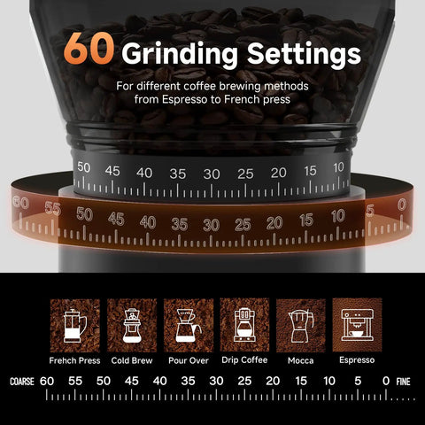 Aaobosi Cordless Burr Coffee Grinder Rechargeable With 60 Settings And Anti Static Design Digital Timer Touchscreen showing 60 grind settings for various coffee types.