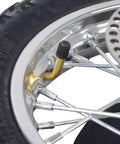 Close-up of rim and valve stem of Rear Wheel Replacement Kit for Razor MX500 MX650 Dirt Rocket Off Road Ready with tire and spokes.