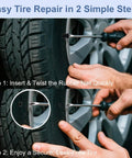 Hands using the 60 Piece Tire Repair Kit With Rubber Plugs And Spiral Screws, DIY Friendly Self Service Patch Kit For Cars, Motorcycles, Trucks And Tractors, Quick Fix For Punctures, Includes 30 Small And 30 Large Plugs to fix tire puncture