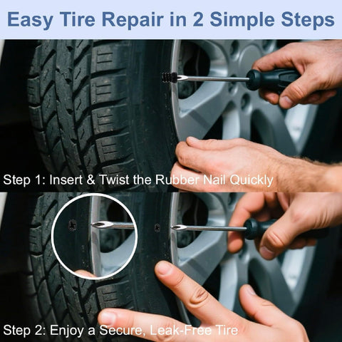 Hands using the 60 Piece Tire Repair Kit With Rubber Plugs And Spiral Screws, DIY Friendly Self Service Patch Kit For Cars, Motorcycles, Trucks And Tractors, Quick Fix For Punctures, Includes 30 Small And 30 Large Plugs to fix tire puncture