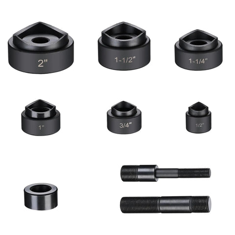 Heavy Duty Hydraulic Knockout Punch Kit 10 Ton With 6 Die Sets for 1/2 to 2 Inch Conduit showing included die sets