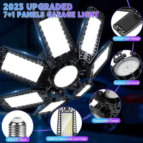 Eight Pack LED Garage Lights With Beastly Bright Seven Plus One Adjustable Panels 200W Shop Ceiling Light Delivers 20000 Lumens