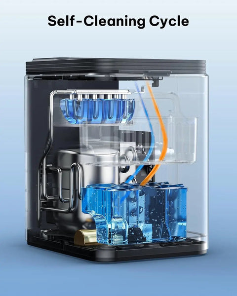 Self Cleaning Countertop Ice Maker Slams Out Bullet Ice In Six Minutes Whisper Quiet Operation showing internal components during self-cleaning cycle.