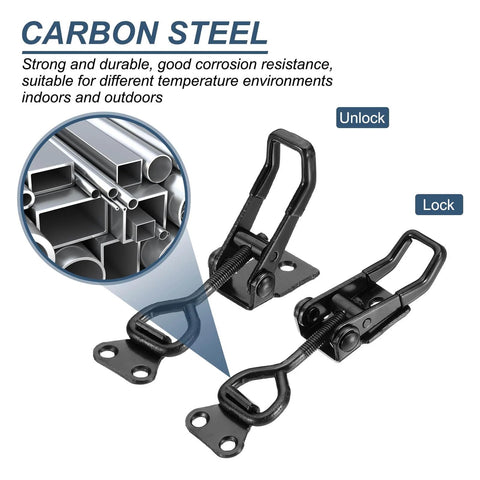 Beefy Adjustable Toggle Clamp M6 X 34mm Holds 396lbs With Quick Release Pull Latch Model 4002, carbon steel, lock and unlock views