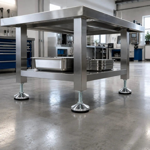 Stainless steel workbench with Beefy Heavy Duty Leveling Feet Set - Adjustable Leveler Legs With 3.15 Inch Base, M16 Thread in use.