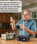 Man using Z Match Ham Radio Antenna Tuner for 3 to 28 MHz CW operation, 5 watt output with BNC connectors, in a workshop.