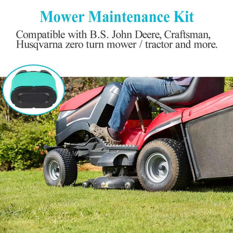 Lawn mower maintenance kit compatible with John Deere, Craftsman, Husqvarna for zero turn mowers.