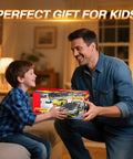 Father and son smiling while holding Lamborghini Officially Licensed 1 18 Scale Remote Control Car With LED Headlights gift box
