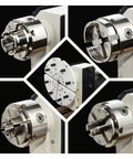 Front/side/close-up collage of 4-inch nickel-plated wood lathe chuck set, 1 in x 8 TPI, 5-jaw.