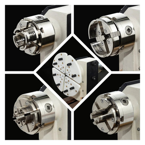 Front/side/close-up collage of 4-inch nickel-plated wood lathe chuck set, 1 in x 8 TPI, 5-jaw.