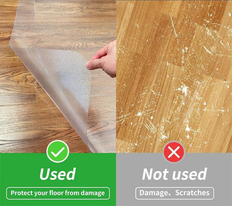 Comparison of floor with and without the Office Chair Mat for Hardwood Floors 36x47 Heavy Duty Desk Chair Floor Protector Easy Clean Non Slip PVC Mat for Wood Laminate Tile Stone Concrete Home Office Use.