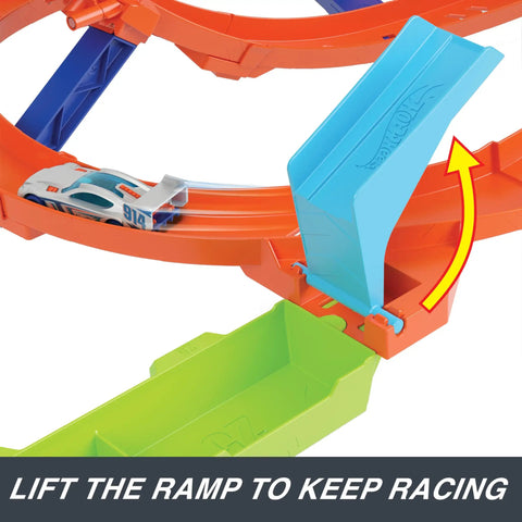 Action Loop Cyclone Challenge Car Track Set With Boomerang Loops, 18 Inch Tall Raceway featuring lift ramp mechanism