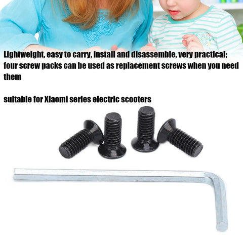 Hex Wrench Set For Electric Scooters And Skateboards With M5 Thread Front Fork Bolts And 10mm Length Handlebar Screws Replacement Hardware For Quick And Easy Repairs On The Go, showing four black M5x10mm screws and a hex wrench on a white background.