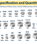 Image showing specifications and quantity of Two In One Hex Nut Kit For DIY And Automotive, 510 Piece SAE And Metric Nut Set, 304 Stainless Steel Nuts.