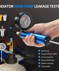 Grease Monkey Approved 30 Piece Coolant Pressure Testing Kit showing hand pump gauge and adapters for radiator testing.