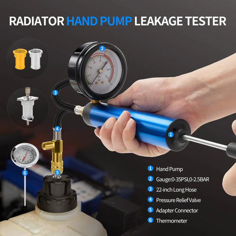 Grease Monkey Approved 30 Piece Coolant Pressure Testing Kit showing hand pump gauge and adapters for radiator testing.