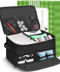 Two Layer Golf Trunk Organizer Waterproof Gear Bag That Fits Two Pairs Of Kicks And Stores Balls Tees Clothes Gloves And Accessories A Practical And On The Go Gift For Travel Or The Course with zippers open displaying golf shoes and accessories compartments; 17x13x10 in, black 600D oxford fabric with mesh pockets