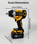 Beefy 21V Brushless Cordless Impact Wrench Kit With Half Inch Drive 600 Nm Torque shown with dimensions and battery
