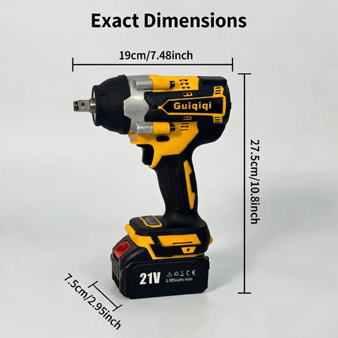 Beefy 21V Brushless Cordless Impact Wrench Kit With Half Inch Drive 600 Nm Torque shown with dimensions and battery