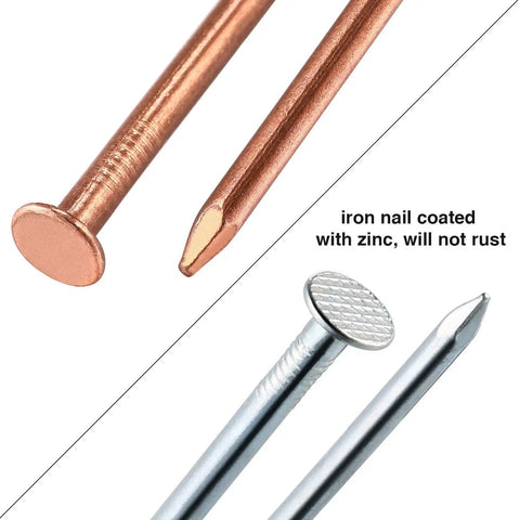 Close-up of 3.5-inch copper nail and zinc-coated steel nail from 20 Pcs Pure Copper Nails For Killing Trees Kit