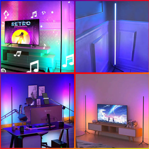 Smart RGB LED Floor Lamp With App And Remote Control, 49 Inch Corner Light in living room and gaming setup showcasing mood lighting.