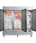 Rock Solid Commercial Workhorse Upright Freezer And Convertible Refrigerator With 72 Cubic Feet Capacity Frost Free Design Slick Stainless Steel Exterior showcasing interior filled with various containers and food.