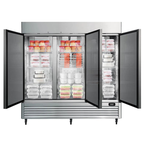 Rock Solid Commercial Workhorse Upright Freezer And Convertible Refrigerator With 72 Cubic Feet Capacity Frost Free Design Slick Stainless Steel Exterior showcasing interior filled with various containers and food.