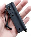 Hand holding Magnesium Fire Starter For Survival And Camping With Kydex Sheath, Bushcraft Fire Starter for Outdoor Hiking and Emergency