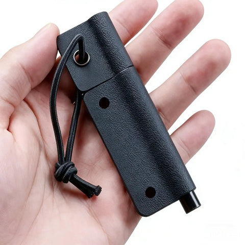 Hand holding Magnesium Fire Starter For Survival And Camping With Kydex Sheath, Bushcraft Fire Starter for Outdoor Hiking and Emergency
