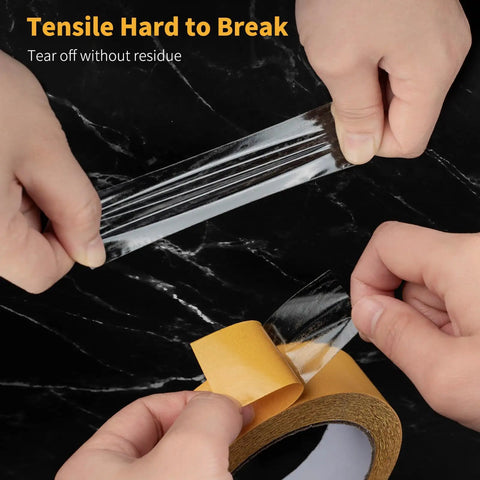 Hands pulling Ultra Thin Clear Double Sided Tape 1.18 Inch By 66 Feet Versatile Mounting Tape against black background.