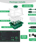 Components of Pro Grade Seed Starter Kit With Heat Mat And Grow Light, 5 Pack Seedling Trays, controller, garden tools, and labels