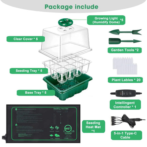 Components of Pro Grade Seed Starter Kit With Heat Mat And Grow Light, 5 Pack Seedling Trays, controller, garden tools, and labels