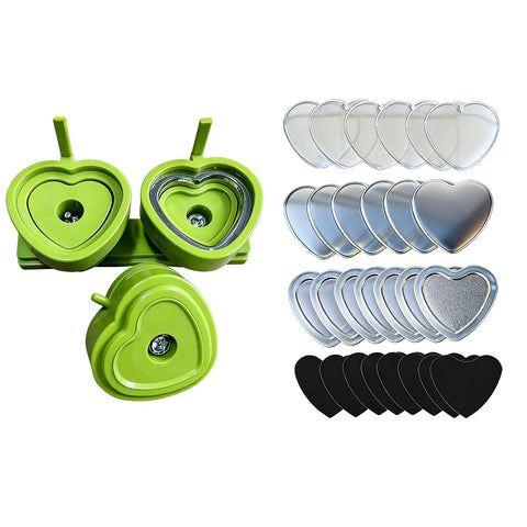 Heavy Duty Button Press Machine With Sturdy Slide Rails Make Custom Heart Badges And Name Labels For School Art Classes Community Events And Parties. Green heart-shaped molds and metal backings.