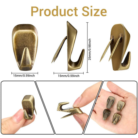 Dimensions and close-up of Bronze Stainless Steel Cubicle Wall Hooks For Fabric Panels Holds 40 Lbs Great For Office Home Kitchen Room Organization 10 Pack Heavy Duty Hangers.