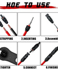 Steps showing 24 Pack Solar Panel Cable Connectors, Male And Female IP67 Waterproof, with 2 spanners, 12 pairs usage guide.