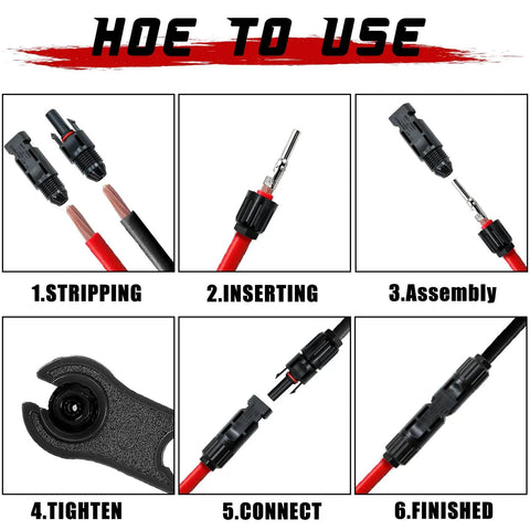 Steps showing 24 Pack Solar Panel Cable Connectors, Male And Female IP67 Waterproof, with 2 spanners, 12 pairs usage guide.