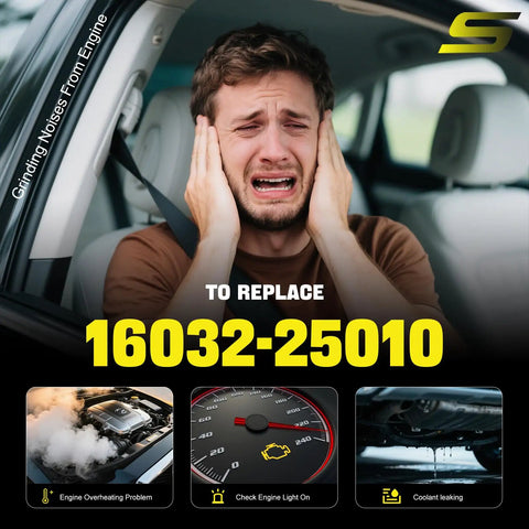 Frustrated driver in car holding head, highlighting engine issues needing Direct Swap Electric Coolant Water Pump Keep Your Daily Runner Frost Free For 2018 To 2023 Toyota Camry RAV4 Avalon Highlander Sienna Venza And Lexus ES NX 2.5L L4 Gas Engine No Sweat Replacement.