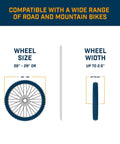 Diagram of wheel compatibility for Front Wheel Riser Block For Bike Trainers With No Slip Design, 26-29 inch size, up to 2.5 inch width
