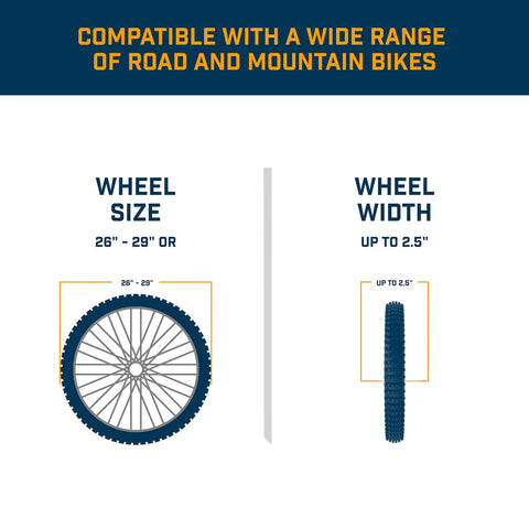 Diagram of wheel compatibility for Front Wheel Riser Block For Bike Trainers With No Slip Design, 26-29 inch size, up to 2.5 inch width