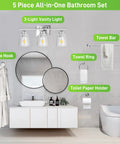 3 Light Vanity Light With 5 Piece All In One Bathroom Set In Brushed Nickel And Clear Glass Shade Includes Towel Bar Towel Ring