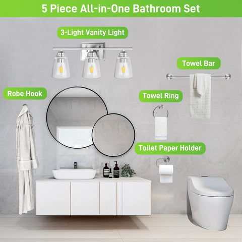 3 Light Vanity Light With 5 Piece All In One Bathroom Set In Brushed Nickel And Clear Glass Shade Includes Towel Bar Towel Ring