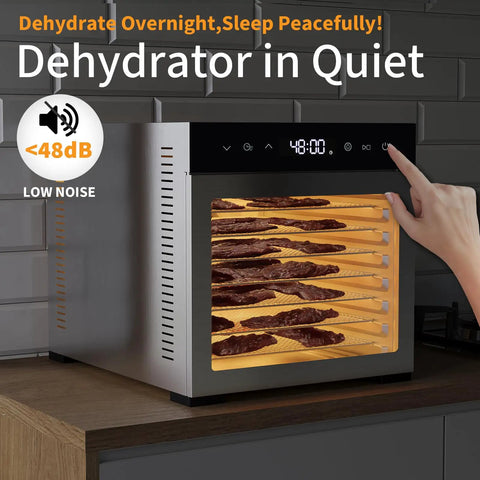 Top Shelf Eight Tray Stainless Steel Food Dehydrator With Kickin 500 Watt Electric Dryer and No Sweat Temp Dialing for Fresh Fruit Lean Beef Jerky Backyard Herbs and Pooch Treats Plus Round Clock Timer showing jerky in stainless trays.