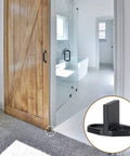 Four Pack Black T Shape Barn Door Floor Guides for sliding doors shown installed on carpet with close-up insert image.
