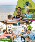 Two scenes featuring a Three In One Portable Ceiling Fan And Camp Lantern With Hanging Hook Remote And USB Power Bank For Outdoor Camping Car And RV Use With No Brainer Lightweight Design And Long Battery Life in a beach tent and a gazebo.