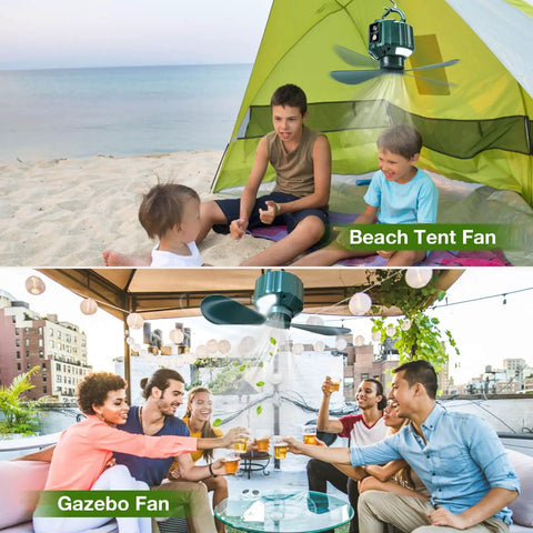 Two scenes featuring a Three In One Portable Ceiling Fan And Camp Lantern With Hanging Hook Remote And USB Power Bank For Outdoor Camping Car And RV Use With No Brainer Lightweight Design And Long Battery Life in a beach tent and a gazebo.